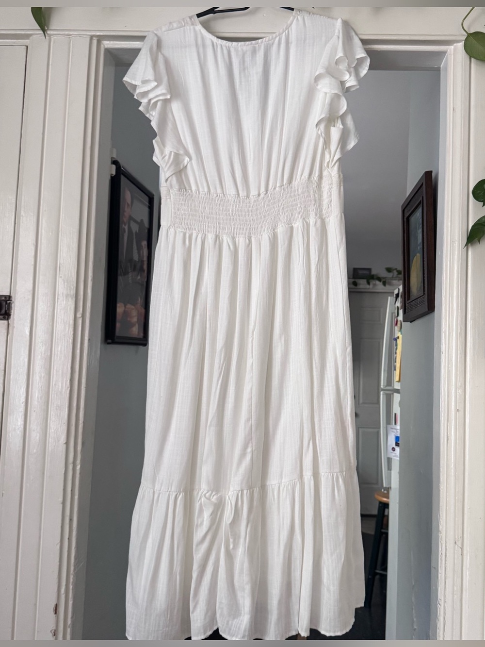 White Boho Dress prarie maxi lace wires v neck short sleeve long size l - Picture 6 of 10